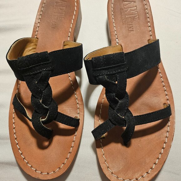 Italian Flat Black Leather Sandals - Picture 1 of 5